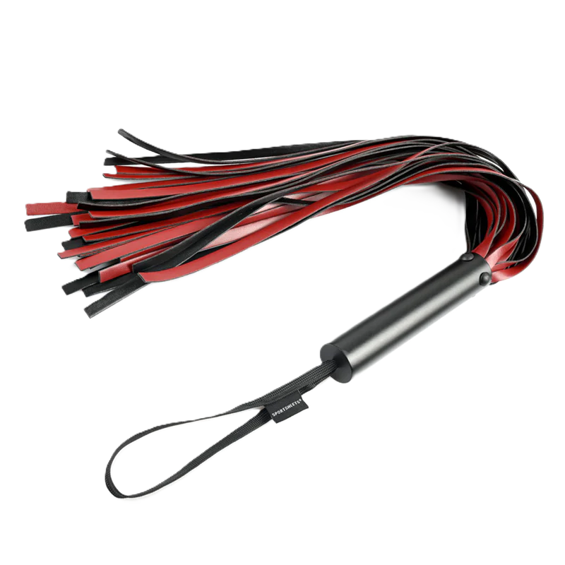 Black and red flogger with a loop handle